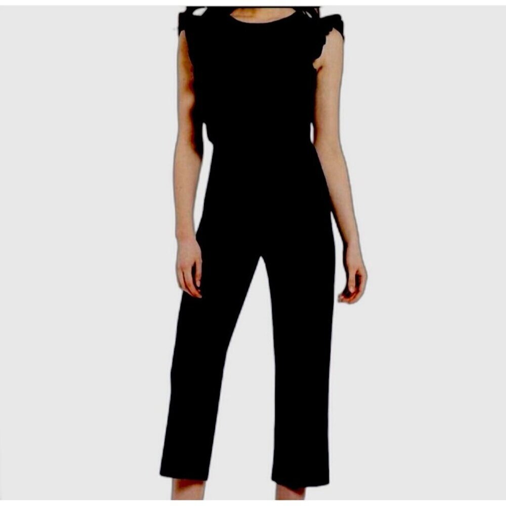 Gianni Bini Liam‎ Black Jumpsuit Size 2 Cotton Stretch Ruffle Shoulder Back Zip